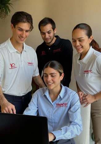 Equipo de VMACS con camisas y polos bordados con el logo de la empresa